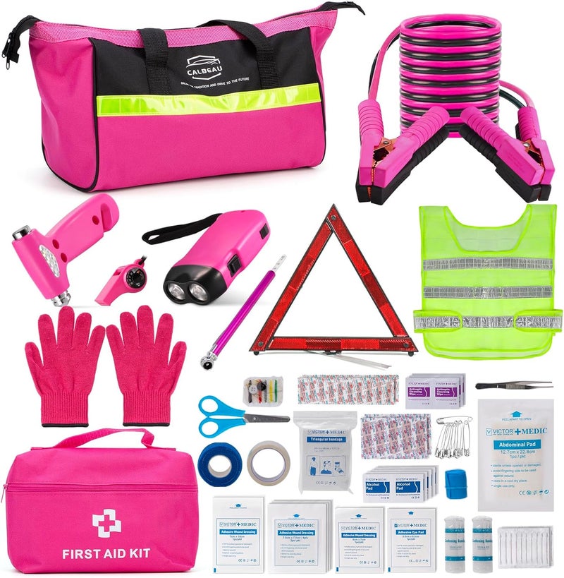 CALBEAU Roadside Emergency Car Kit for Vehicles, Pink Emergency Roadside Assistance kit with Car First Aid Kit, Thoughtful Car Emergency Kit for Women, Men, New Drivers and Adventurers Gifts - Image 1